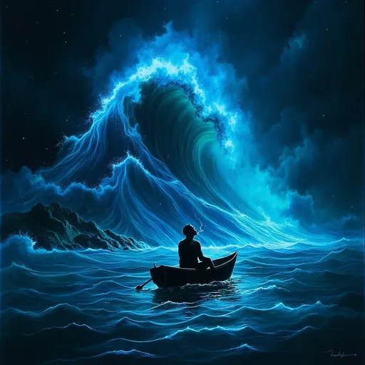 Prompt: Man on a boat peacefully smoking, a giant massive wave behind him.