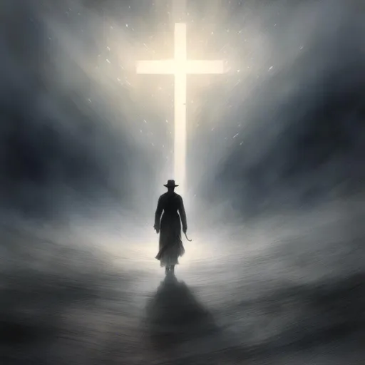 Prompt: <mymodel>(dark silhouette of person walking towards a cross), (dreamlike atmosphere), mysterious background, dynamic lighting, cascading ray beams illuminating the scene, ethereal glow surrounding the cross, deep shadows creating a sense of intrigue, soft gradients blending into vibrant tones, 4K resolution for ultra-detailed imagery, captivating and surreal ambiance.