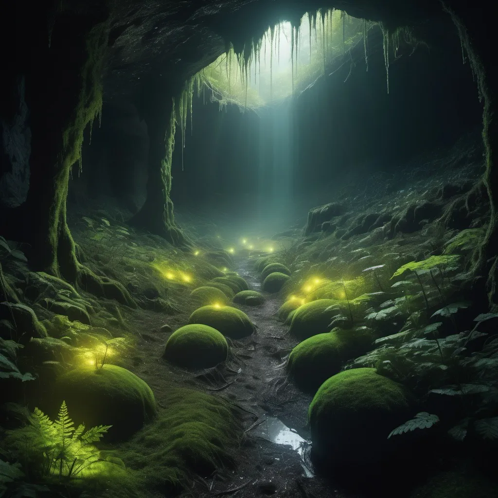 Prompt: Sunlight cascading across heavily wooded area, dark ground, misty, wondrous, magical, large deep hole, cavernous ,multiple biomes, glowing algae, glow worms. 4k high-definition, photorealism.