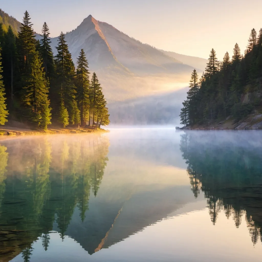 Prompt: A serene mountain lake at sunrise with mist rising from the water and trees reflecting on the surface.