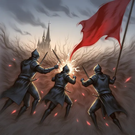 Prompt: (medieval battle scene), knights in armor clashing swords, intense expressions, dynamic action, banners waving in the wind, dramatic atmosphere, dusk lighting with shadows, vibrant colors of armor and weapons, background with a foggy landscape, towering castle in the distance, high detail (4K) illustration.