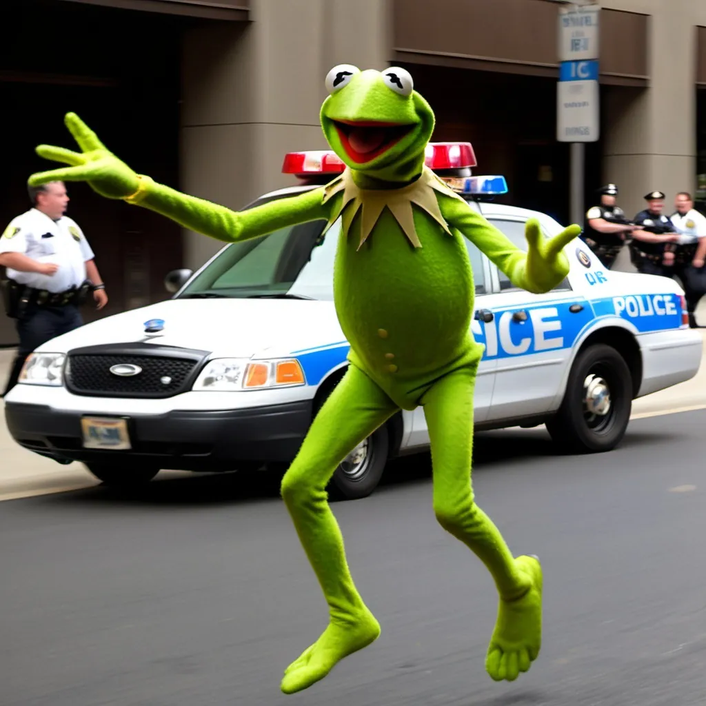 Prompt: Kermit the frog running from police car. 