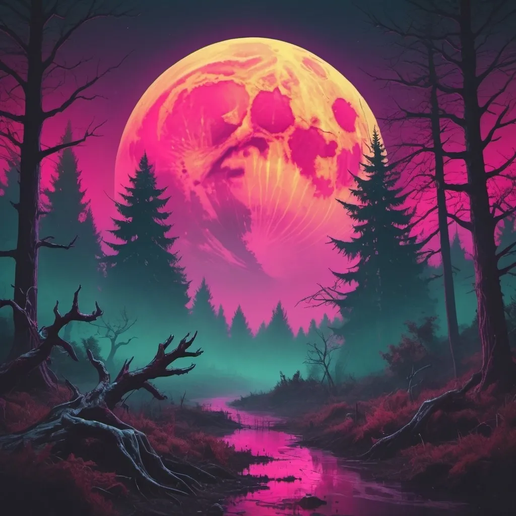 Prompt: Retro wave, horror theme, banshee screaming, blood covered, claws. Forest setting misty. Colorful moon