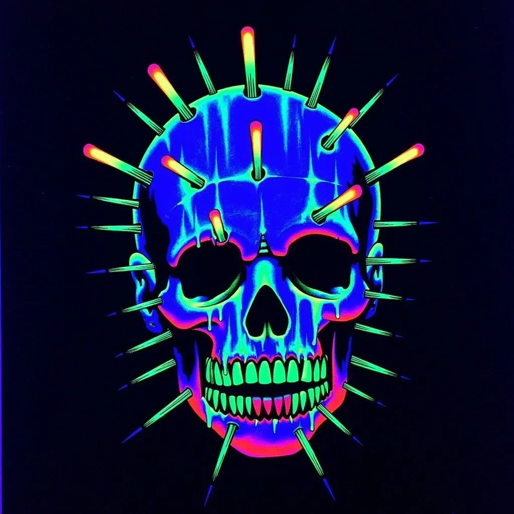 Prompt: Pin head (hellraiser) (black light art)