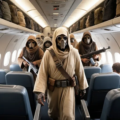 Prompt: (Tusken Raiders walking), holding Ak-47, inside a Boeing 747, passengers (raising their hands) in a chaotic scene, cinematic ambiance, dim lighting, dramatic shadows, realistic expressions of fear, ultra-detailed, vibrant colors within the airplane's interior, conveying a mix of tension and chaos, highlighting the unique clash of sci-fi and real-world elements, capturing an unexpected moment.