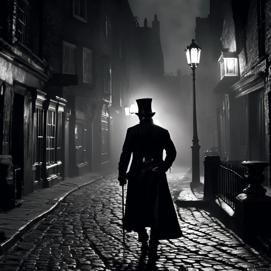 Prompt: <mymodel>(mymodel) man wearing top hat and wielding a cane and a knife, walking through old London streets, dark and mysterious atmosphere, moonlit night casting soft silvery light, cobblestone pathways reflecting faint glow, smoky fog swirling around historic buildings, dramatic shadows, high quality, cinematic depth, enchanting and eerie mood, capturing the essence of Victorian elegance.