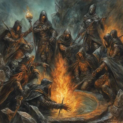 Prompt: <mymodel> group of hooded figures circling a fountain of fire.