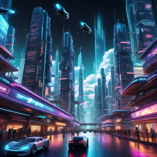 Prompt: A futuristic cityscape at night, with towering skyscrapers lit by neon lights, flying cars zooming between the buildings, and a glowing digital grid running through the streets. In the sky, holographic advertisements project onto the clouds, and the city is surrounded by vast, shimmering energy fields. The scene feels vibrant, bustling with technology, with hints of nature integrated, like trees growing on building terraces and vines crawling up the sides of glass structures.