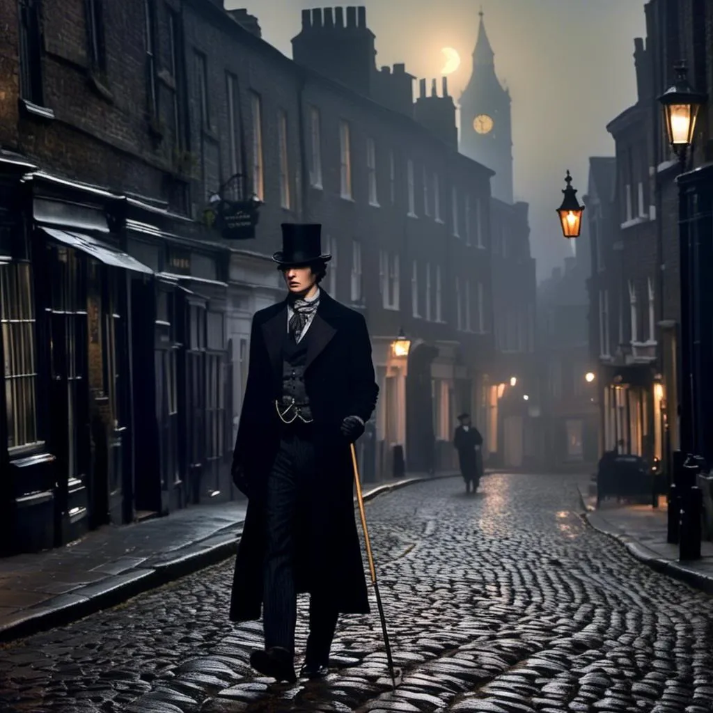 Prompt: <mymodel>(mymodel) man wearing top hat and wielding a cane and a knife, walking through old London streets, dark and mysterious atmosphere, moonlit night casting soft silvery light, cobblestone pathways reflecting faint glow, smoky fog swirling around historic buildings, dramatic shadows, high quality, cinematic depth, enchanting and eerie mood, capturing the essence of Victorian elegance.