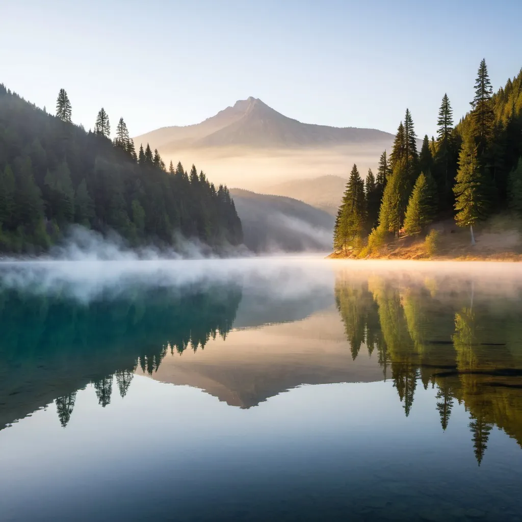 Prompt: A serene mountain lake at sunrise with mist rising from the water and trees reflecting on the surface.