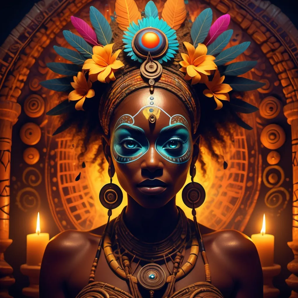 Prompt: Voodoo goddess. Glowing eyes, magical aura, surrounded by the Loa of voodoo.