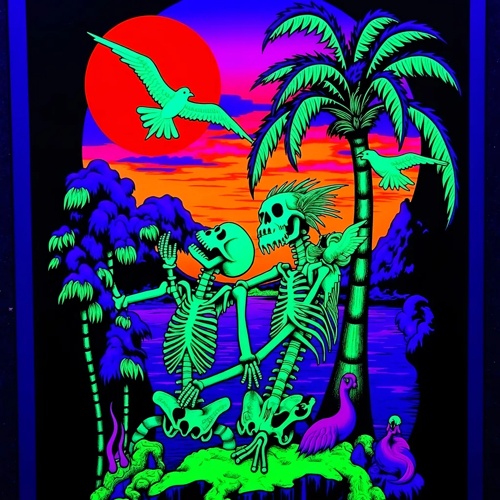 Prompt: Accurate text: Memento Mori / Memento Viviere. Skeleton surrounded by birds, palm trees, sunset.