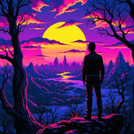 Prompt: Dark silhouette of a man facing a city. In the sky, clear and readable text says 'Finding love in a hopeless place,' black light art style with glowing, ethereal neon effects. The background shows a calm sun, with soft, warm colors fading into darker tones, creating a peaceful yet haunting atmosphere over the city.