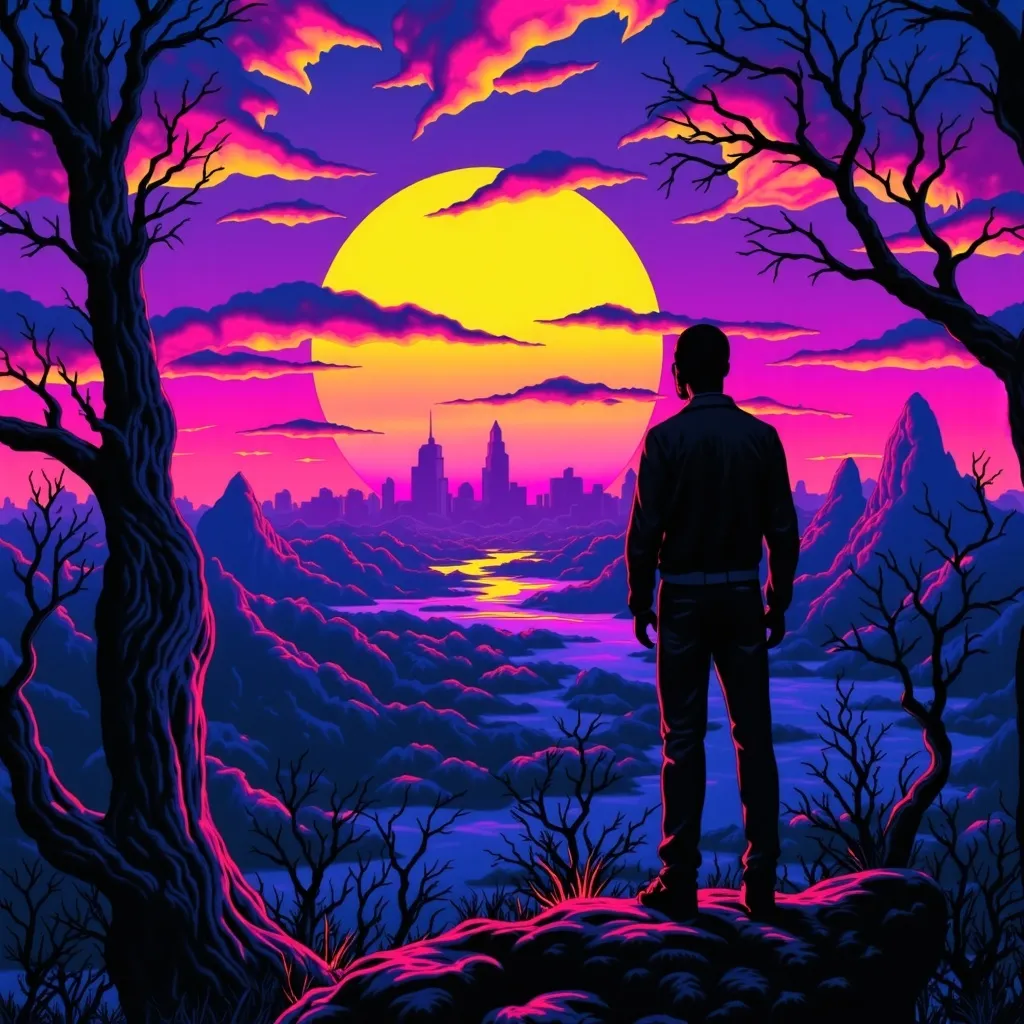 Prompt: Dark silhouette of a man facing a city. In the sky, clear and readable text says 'Finding love in a hopeless place,' black light art style with glowing, ethereal neon effects. The background shows a calm sun, with soft, warm colors fading into darker tones, creating a peaceful yet haunting atmosphere over the city.