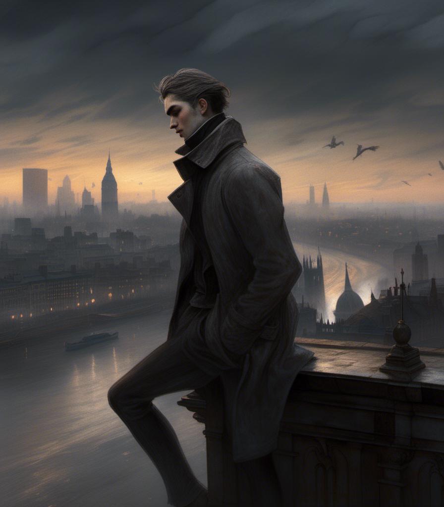 Prompt: <mymodel>(mymodel) Corvo Attano (dishonored) perched on a ledge, overlooking a bustling London city skyline, evening ambiance, warm golden light, dramatic shadows, intricate architectural details, atmospheric mist, moody and mysterious feel, urban landscape, high vantage point, dynamic perspective, ultra-detailed, cinematic composition, ethereal clouds, twilight colors, breathtaking view.