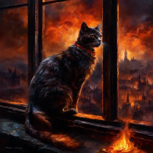 Prompt: <mymodel>(mymodel) cat perched on a window, gazing into a fiery cityscape, flames illuminated against a dark sky, dramatic tones, vivid reds and oranges, smoke swirling in the air, high detail, moody atmosphere, urban environment, nighttime, powerful contrast, cinematic lighting, ultra-detailed, surreal and intense emotional vibe.