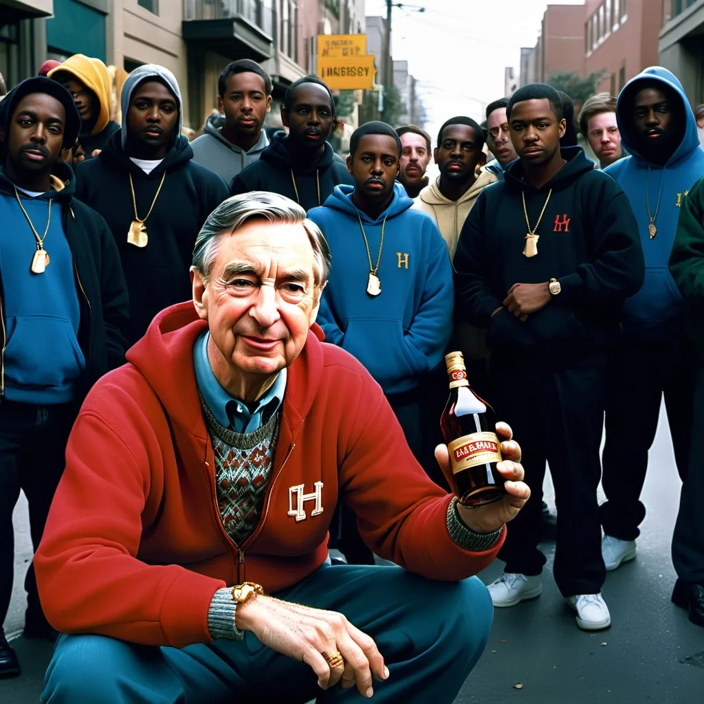 Prompt: Fred McFeely Rogers. Wearing a hoodie. Gold chain. Drinking a bottle of Hennessy. Squatted down surrounded by black people in the street 