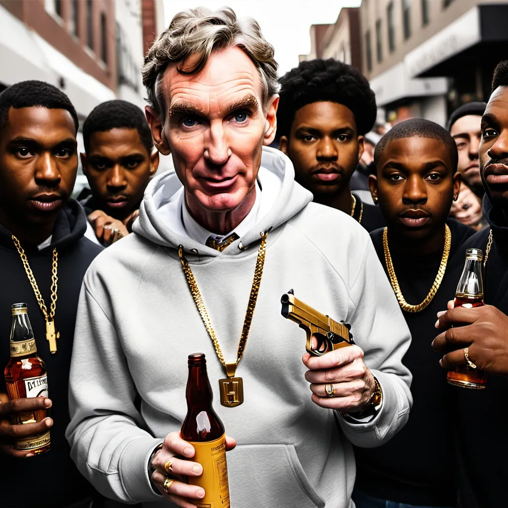 Prompt: Bill Nye. Wearing a hoodie. Gold chain. Holding a Gold gun. Drinking a bottle of Hennessy. surrounded by black people in the street 