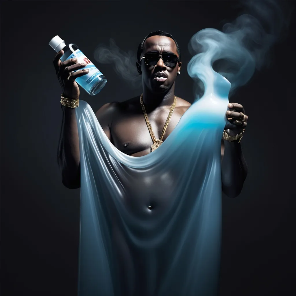 Prompt: Sean “diddy” combs. Rising out of a bottle of baby oil like a genie. Horror theme