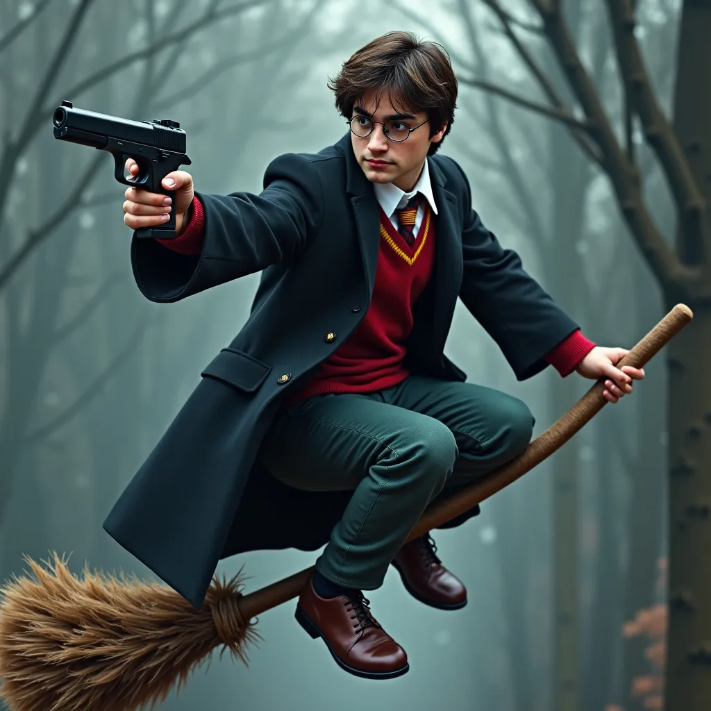 Prompt: Harry Potter on the nimbus broom with a gun