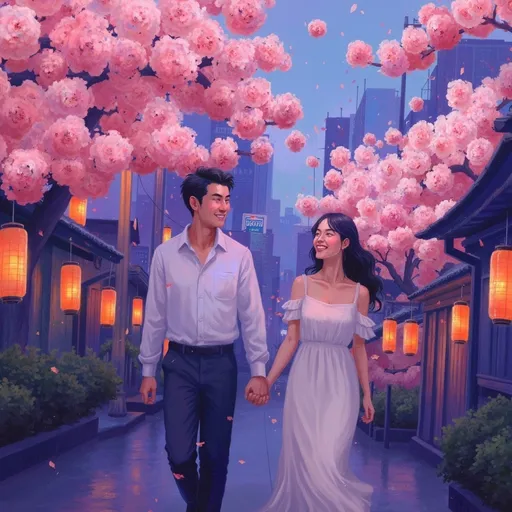 Prompt: Couple running (holding hands), vibrant Japanese cityscape, cherry blossoms in bloom, traditional architecture, colorful lanterns, neon lights illuminating the streets, warm evening glow, energetic motion, joyful expressions, delighted ambiance, captivating details, high resolution, ultra-detailed, engaging atmosphere.