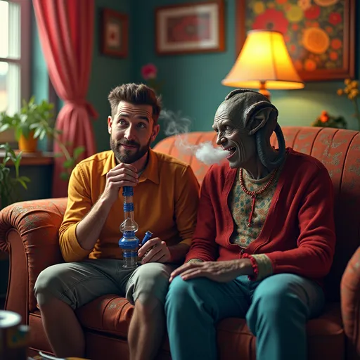 Prompt: man sitting on a couch next to an alien smoking a bong laughing, (ahistorical and fantastical scene), vibrant colors, whimsical vibe, cozy atmosphere, detailed couch upholstery, side table with snacks and drinks, curious expression on the man's face, individualistic style of the alien, warm ambient lighting, surreal twist, ultra-detailed, 4K resolution