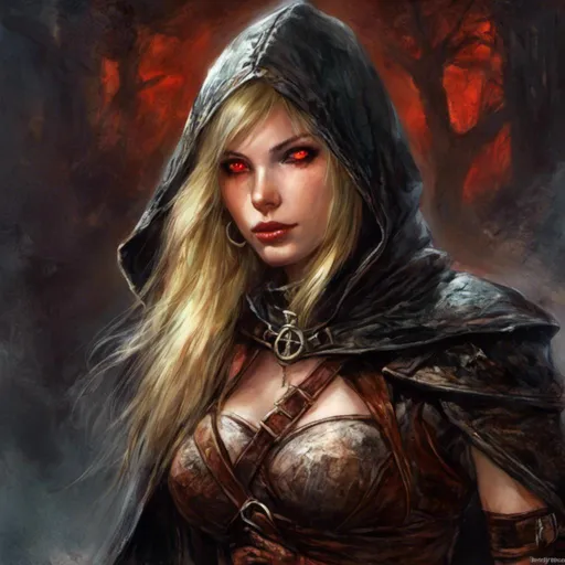 Prompt: <mymodel> young woman, blonde hair, glowing red eyes, leather hooded cloak.