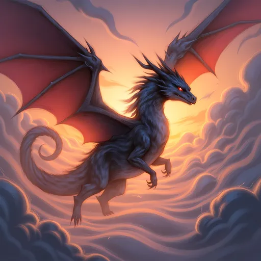 Prompt: (majestic dragon), vibrant scales with shimmering hues, intricate details and powerful wings, soaring through a dramatic sunset sky, creating a sense of awe, striking background with swirling clouds, richly saturated colors, ultra-detailed, mythic atmosphere, high-quality, cinematic ambiance, impressive artwork suitable for epic fantasy themes.