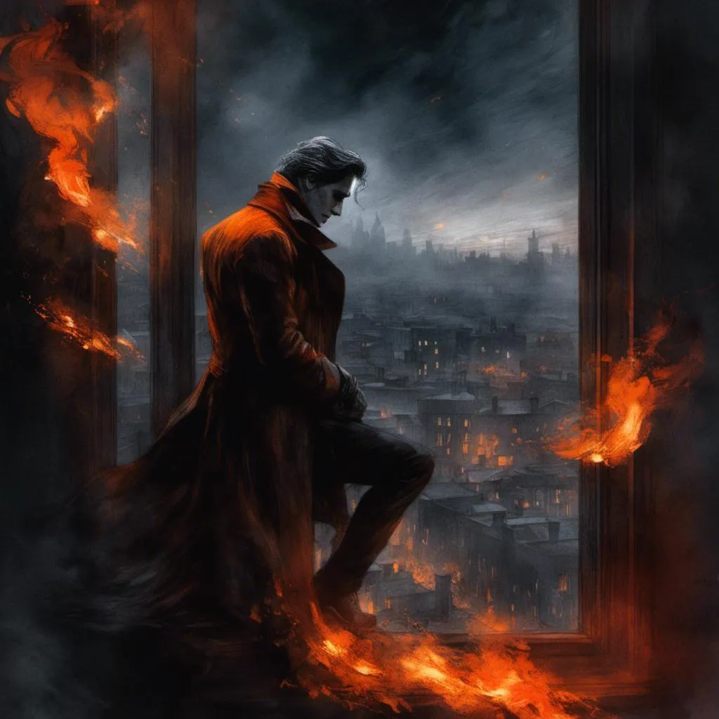 Prompt: <mymodel>(mymodel) joker from (DC Batman) perched on a window, gazing into a fiery cityscape, flames illuminated against a dark sky, dramatic tones, vivid reds and oranges, smoke swirling in the air, high detail, moody atmosphere, urban environment, nighttime, powerful contrast, cinematic lighting, ultra-detailed, surreal and intense emotional vibe.