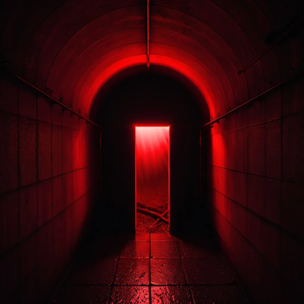 Prompt: Dark tunnel, red light pouring in through a small entrance.