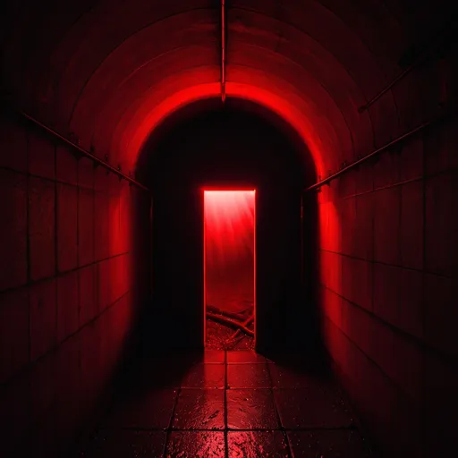 Prompt: Dark tunnel, red light pouring in through a small entrance.