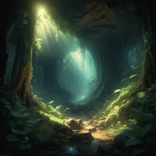 Prompt: Sunlight cascading across heavily wooded area, dark ground, misty, wondrous, magical, large deep hole, cavernous ,multiple biomes, glowing light. 4k high-definition, photorealism.