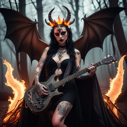 Prompt: Horned goddess, (glowing hazel eyes), (crown of fire), (bat wings), (glowing tattoos), (piercings), tattered clothing, destroyed cape, on a dark, enchanted forest stage, playing a guitar made of flesh and bone, (giant amplifiers), fire surrounding the stage, (surreal atmosphere), muted colors with vibrant flames, (highly detailed), atmospheric lighting, mystical, intense ambiance, captivating, (ultra-detailed).