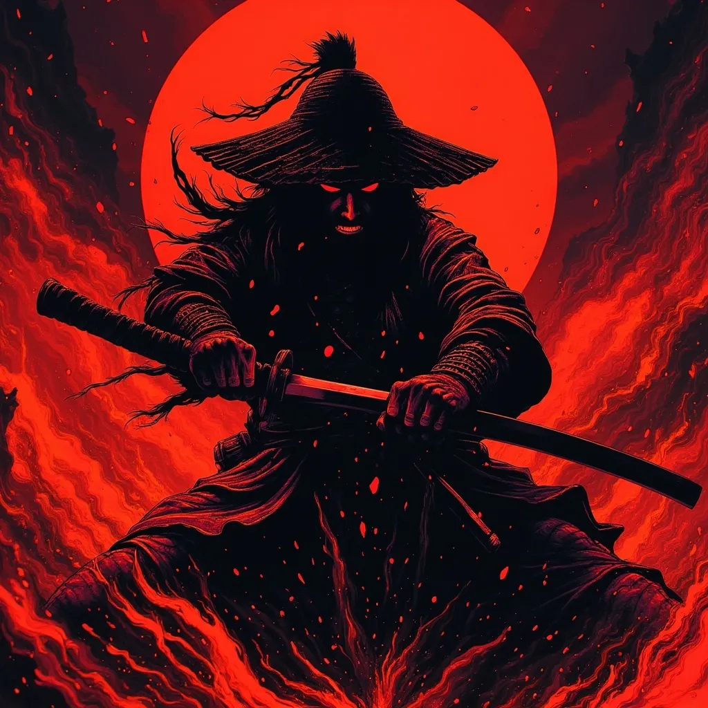 Prompt: Samurai cutting a ninja in half, (dramatic action scene), (splashes of blood flying into the air), detailed katana motif, intense expressions, dynamic poses, contrasting colors of red and black, cinematic lighting, (ultra-detailed), immersive atmosphere, charged energy, ominous mood, vivid motion portrayal.