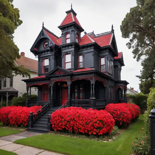 Prompt: Black Victorian house with red rouses surrounding the exterior.