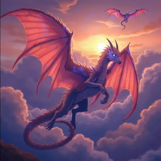 Prompt: (majestic dragon), vibrant scales with shimmering hues, intricate details and powerful wings, soaring through a dramatic sunset sky, creating a sense of awe, striking background with swirling clouds, richly saturated colors, ultra-detailed, mythic atmosphere, high-quality, cinematic ambiance, impressive artwork suitable for epic fantasy themes.