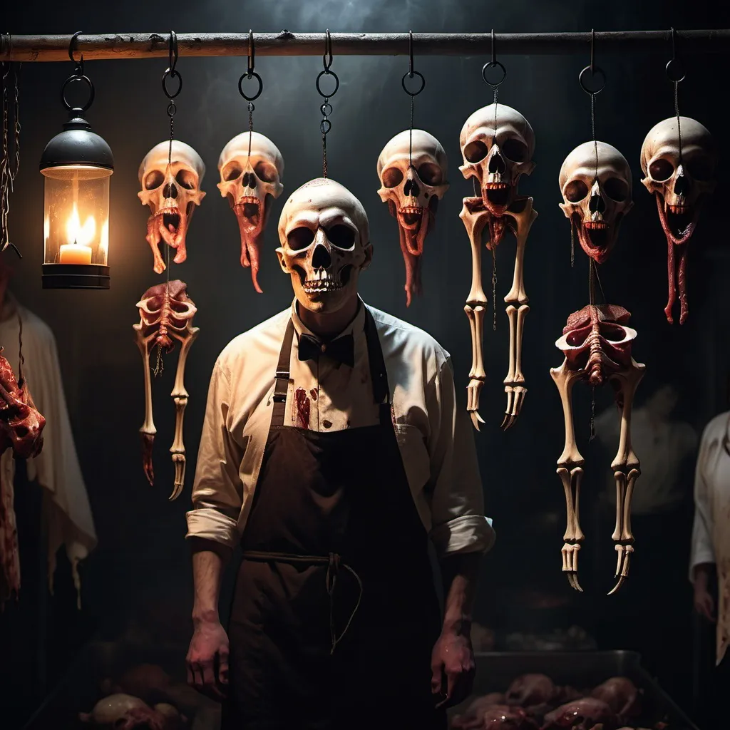 Prompt: Horror. Butcher, mask, meat hooks, hanging bodies. Misty, dark, candle lit. Human bones