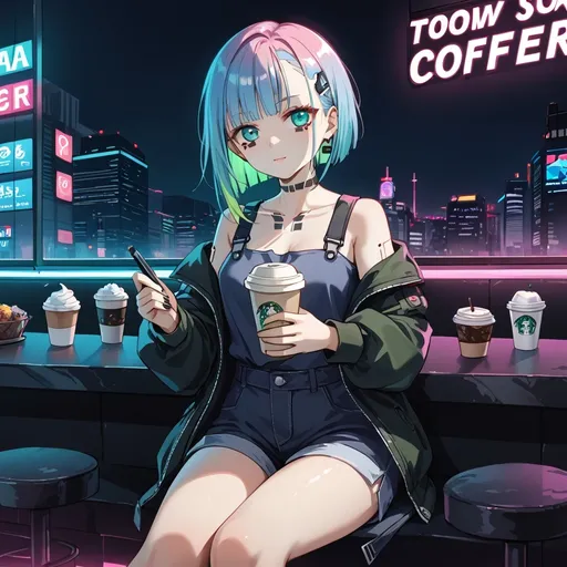 Prompt: Anime cyberpunk style, a woman with an absolute dump truck in coffee shop, highly detailed, HD, dark background