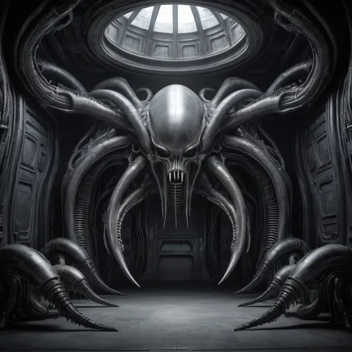 Prompt: In the style of H.R. Giger. Create a vast space filled with massive creatures. Photorealistic. 