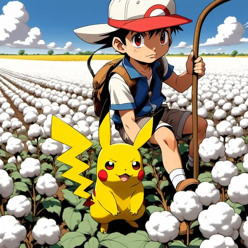 Prompt: Pikachu in a cotton field picking cotton and ash Ketchum riding on a horse with a whip.