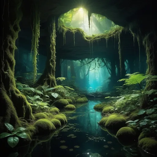 Prompt: Sunlight cascading across heavily wooded area, dark ground, misty, wondrous, magical, large deep hole, cavernous ,multiple biomes, glowing algae, glow worms, plant bioluminescence. 4k high-definition, photorealism.