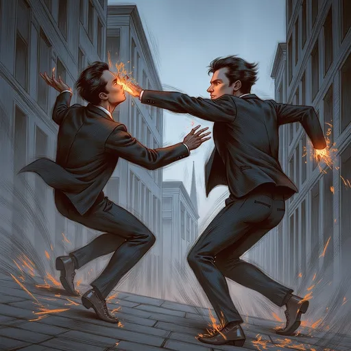 Prompt: (ultra-detailed) action scene of two men fighting, intense expressions, dynamic poses, dramatic motion blur, energy and tension in the air, modern urban background, dim lighting with highlighted faces, capturing raw emotions, powered by vibrant colors, conveying a sense of conflict and struggle, HD captivating atmosphere.