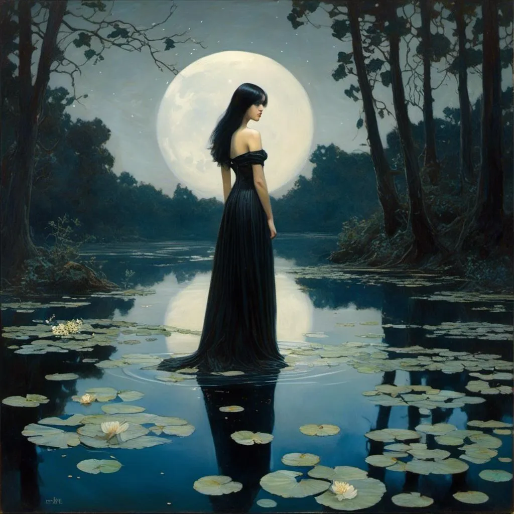 Prompt: <mymodel> dark wooded area tall trees black wood. Moonlight reflecting off a lake. Woman dressed in a black sheer dress, long black hair, porcelain skin, waist deep in the lake, water ripples around her body, Lilly pads scattered on the surface of the lake, moon on the horizon of the lake. Dream like, high resolution, focused detail, masterpiece quality, anatomically correct hands and fingers, light particles floating around the air.