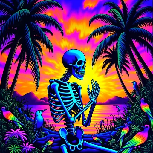 Prompt: (accurately spelled text "Memento Mori / Memento Viviere"), intricately detailed skeleton, deeply contemplative pose, surrounded by vibrant birds, lush palm trees framing the scene, stunning sunset casting warm golden and rich purple hues, serene yet thought making ambiance, soft, cinematic lighting, ultra-detailed, high-resolution, capturing the juxtaposition of life and death.