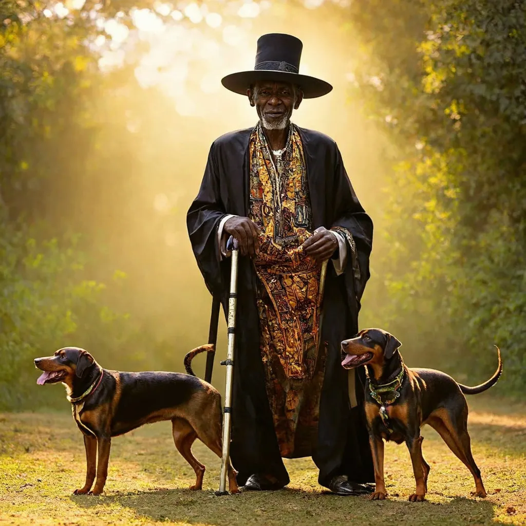 Prompt: Papa Legba older man leaning on a crutch, accompanied by one or more dogs