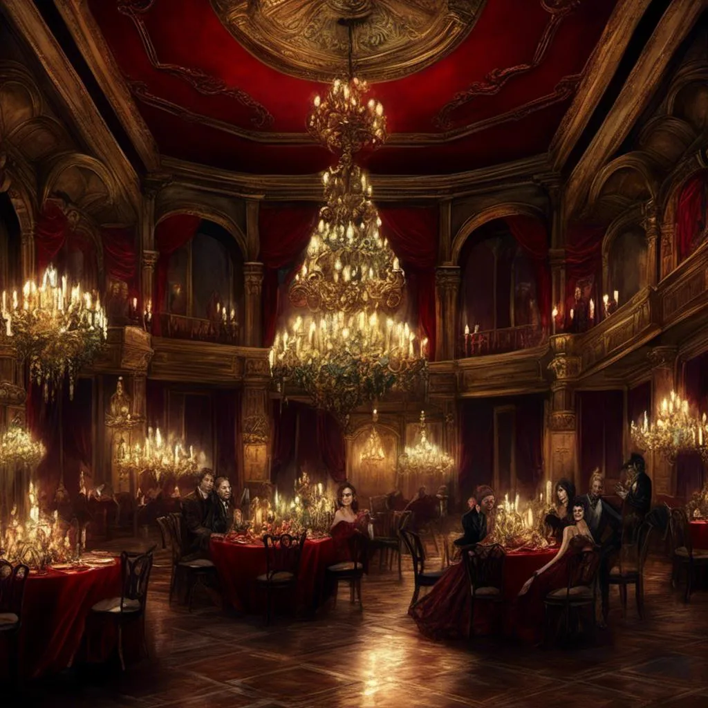 Prompt: <mymodel>Victorian style ball, (masquerade), elegant people dancing, ornate masks, festive atmosphere, (grand orchestra), exquisite ballroom, opulent chandeliers, rich color palette of deep reds and golds, (highly detailed), textured fabrics, intricate patterns on gowns and suits, luxurious furnishings, soft candlelight flickering, (4K) quality, enchanting ambiance.