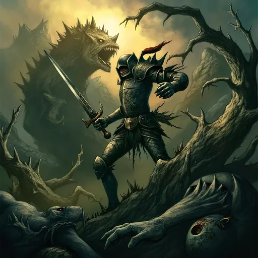 Prompt: A (valiant knight), clad in ornate armor reflecting the gleam of sunlight, wielding a gleaming sword, standing tall on a rugged terrain, dramatic clouds overhead, surrounded by the whisper of ancient trees, embodying bravery and strength, in a fantasy realm, high quality, ultra-detailed, atmospheric ambiance evokes heroism, warm golden and cool gray tones entwined. Masterpiece quality, anatomically correct.