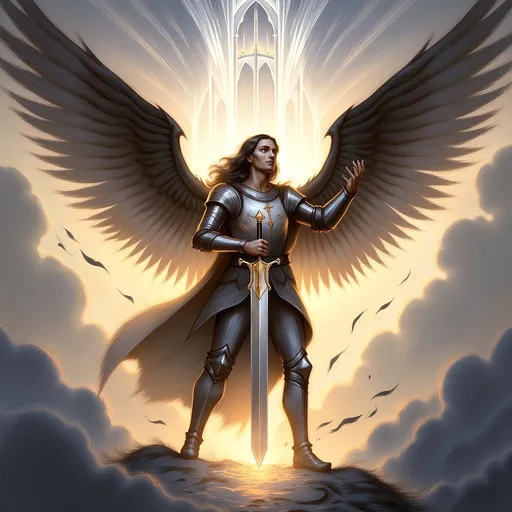 Prompt: Saint Michael the Archangel, (majestic stance), clad in resplendent armor, wielding a gleaming sword, surrounded by ethereal light, powerful wings unfurled, dramatic clouds behind him, (celestial aura), radiant colors with vivid contrasts, uplifting atmosphere, conveying strength and protection, ultra-detailed, high quality, 4K resolution, dynamic and inspiring ambiance. Masterpiece quality, anatomically accurate.