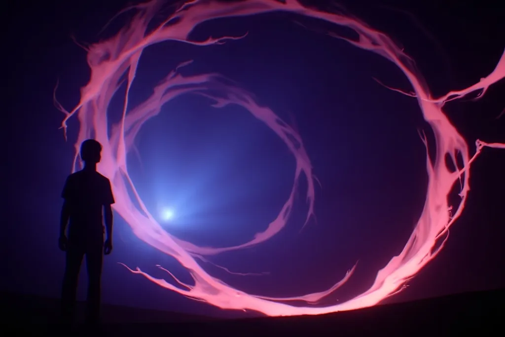 Prompt: (Giant void swirling with magical light), deep pit vortex, glowing neon colors, dark exterior, mysterious ambiance, energetic and ethereal light patterns swirling, grainy texture, low resolution for a vintage aesthetic, a surreal dream-like atmosphere. Capture the essence of magic and depth in this captivating scene.