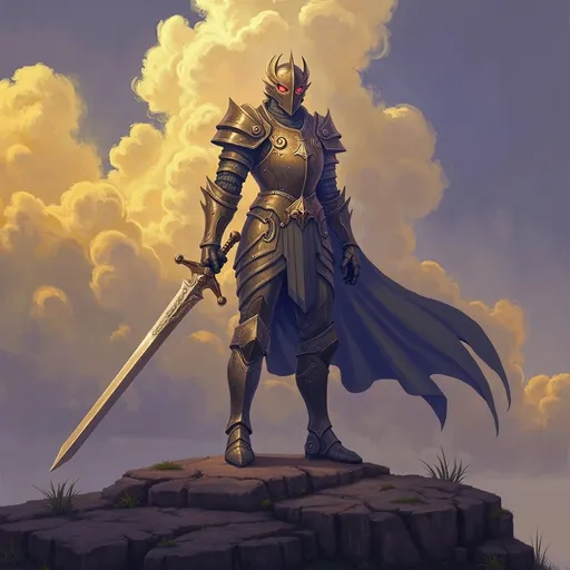 Prompt: A (valiant knight), clad in ornate armor reflecting the gleam of sunlight, wielding a gleaming sword, standing tall on a rugged terrain, dramatic clouds overhead, surrounded by the whisper of ancient trees, embodying bravery and strength, in a fantasy realm, high quality, ultra-detailed, atmospheric ambiance evokes heroism, warm golden and cool gray tones entwined. Masterpiece quality, anatomically correct.